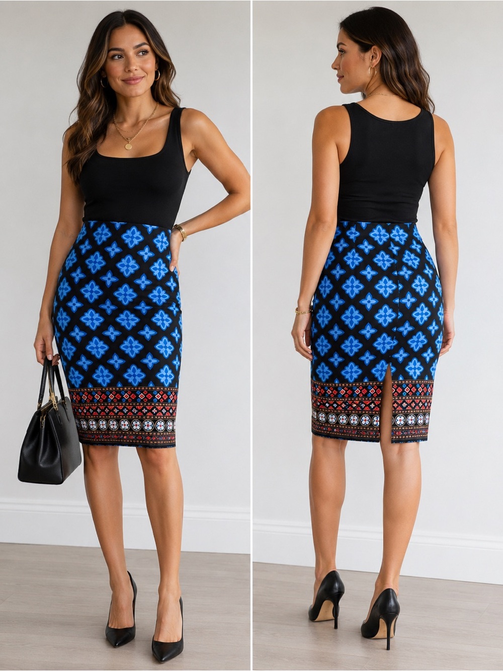 NYCC Blue Patterned Pencil Skirt Size M